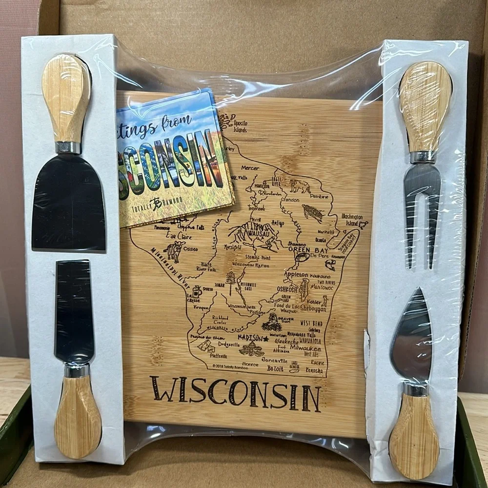Totally Bamboo Wisconsin Slice of Life Cutting Board & 4 piece Cheese Tool Set